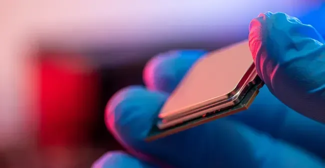 Ilustrasi desain chip nanostack tiga dimensi IBM yang berukuran sebesar kuku manusia