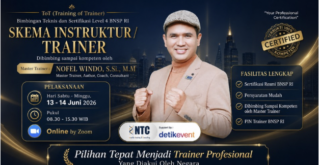 Pelatihan Training of Trainer (ToT) untuk sertifikasi BNSP Level 4 secara daring.
