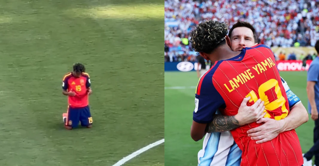 Lamine Yamal memeluk Lionel Messi setelah pertandingan final Piala Dunia 2026 di MetLife Stadium