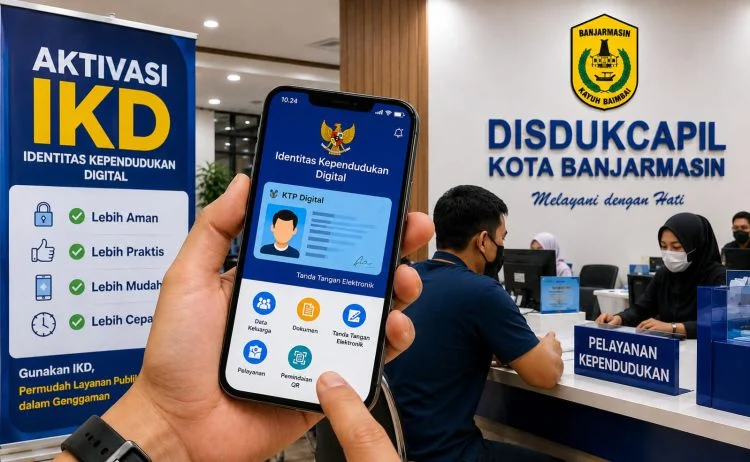 Petugas Disdukcapil Banjarmasin membantu warga melakukan aktivasi Identitas Kependudukan Digital atau IKD