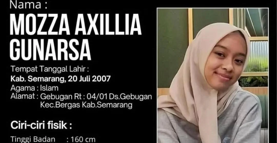 Poster pencarian orang hilang atas nama Mozza Axillia Gunarsa yang dirilis pihak kepolisian.